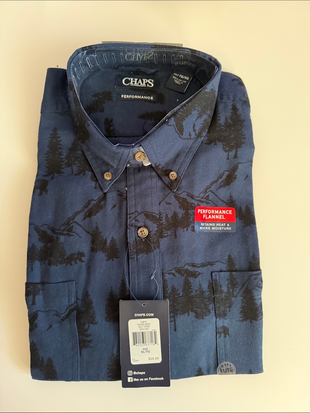 Chaps Navy Blue Button-Down Performance Flannel Shirt with Forest Print, SIZE XL